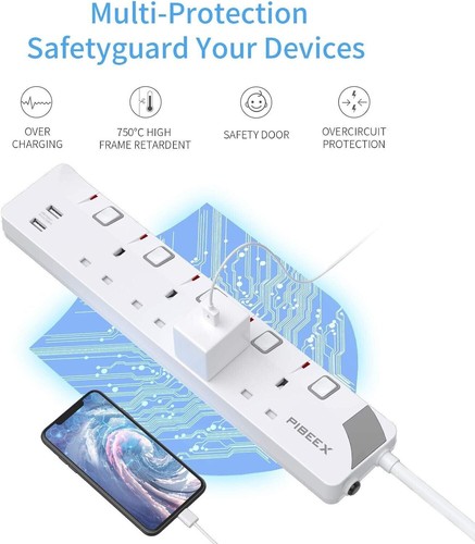 PIBEEX Extension Lead with 4 Way Plug Sockets, 13A, Individual Switches, 2 USB - Picture 5 of 7