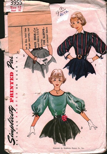 3955 Vintage Simplicity Schnittmuster Misses 40er Jahre Teenager Bluse Kragen Manschetten - Bild 1 von 2