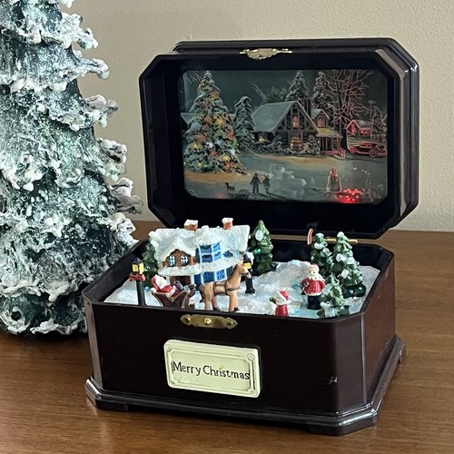 Weihnachtsspieluhr leuchtet spielt 4 Lieder Weihnachtsmann Schlittenhaus 5" Vintage Stil - Bild 12 von 24
