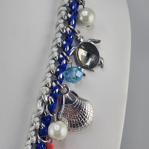 Beach Ocean Theme Charm Necklace Blue And Silver Tone Fish Turtle Shell Octopus - Picture 2 of 6