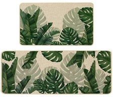 Monstera Leaf Kitchen Mats Set of 2 Non-Slip Rugs 17x29 & 17x47 Summer Decor