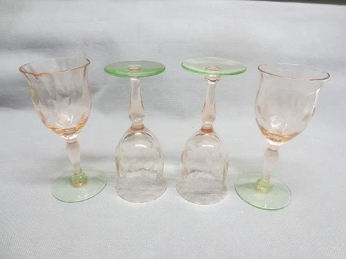 3 vtg Tiffin Watermelon Wine Cordial Glasses Uranium Depression Glass - PLUS ONE