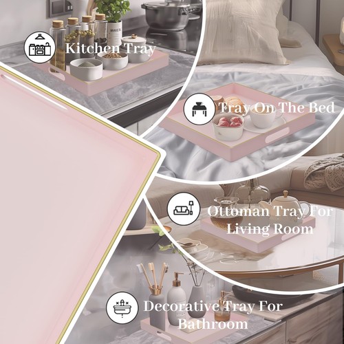 Decorative Tray, Pink Serving Tray with Handles, Coffee Table Trays, Square P... - Picture 5 of 7