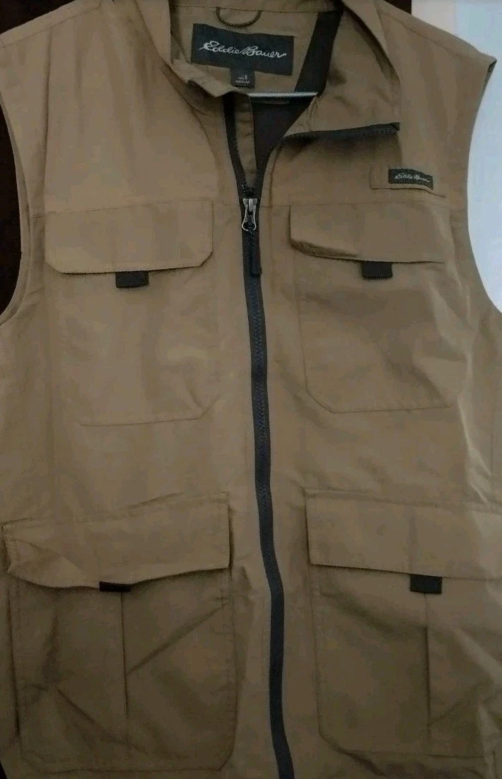 NWOT Eddie Bauer Men Utility Vest size S Khaki Full Zip Fishing Camping Hunting