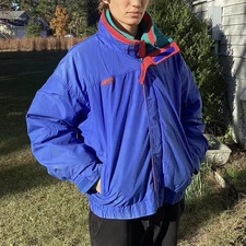 Vintage Columbia Blue Teal Red Fleece Jacket Ski Coat 90s 80s Mens Size XL.