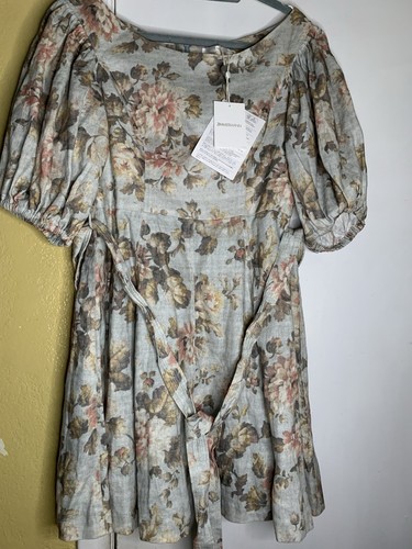 NWT Zimmerman Linen Knee Length Ballon Sleeves Dress Tie Strap Sz 3