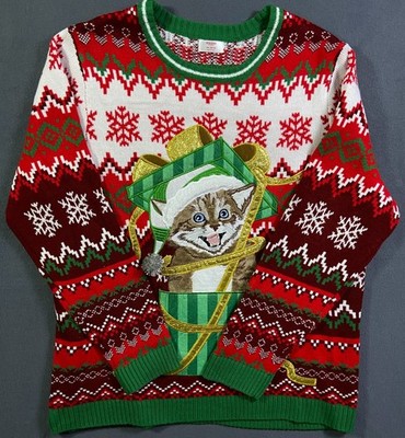 Holiday TIme Ugly Christmas Sweater Men's Size 2XL Red Green Cat Hidden Pocket