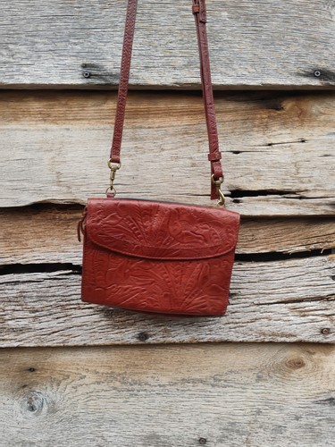 American Leather Co. Saddle Brown Tooled Leather Brass Studded Crossbody Bag