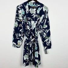 Sesoire by Miss Elaine Blue Floral-Print French Terry Short Wrap Robe Size Large