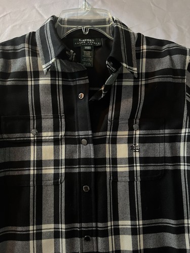 LAUREN, Ralph Lauren Size Petite Small Jackson Hole Black Plaid Wool Overshirt - Picture 3 of 14