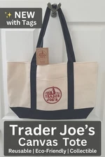 Trader Joe’s Canvas Tote Bag–Navy & Natural–Reusable Shopping Bag-New with Tags