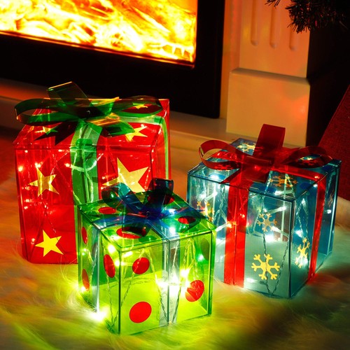 Set of 3 Lighted Gift Boxes Christmas Decorations, Snowflake Star Light Up Pr... - Picture 3 of 6
