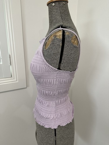 H&M Smocked Cami Tank Top Women Lilac Purple Strappy Fitted Cotton Fairy XS - Picture 6 of 9