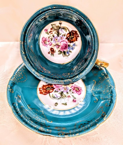 Vintage Japan Teal Teacup & Saucer Set –3 Footed Gold Trim Floral Bouquet Center