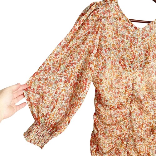 byTiMo Chiffon Rouch Mini Dress Sheer Flowers Small Orange NWT - Picture 5 of 11