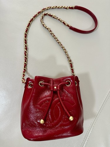 Chanel Shiny Aged Calfskin CC Chain Drawstring Shoulder Bag Crossbody RARE