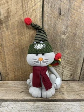 Plush Cat with Red Bird wearing Scarf and Hat Winter Christmas Sitter Figurine
