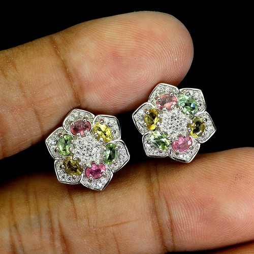 925 Sterling Silver Earrings Oval Tourmaline 4x3mm Natural Gemstone Jewelry - Picture 2 of 14