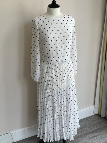 HOBBs Selena White Polka Dot Pleated Chiffon Midi Occasion Dress Size 16 - Picture 3 of 12