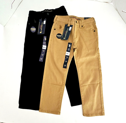US Polo Assn Hose x 2 Jungen 5 schwarz hellbraun gerade Twill verstärktes Knie verstellbare Taille
