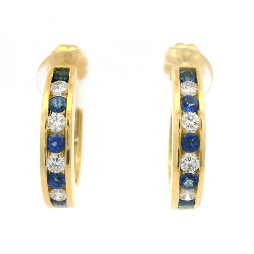 18k Yellow Gold 1.22ctw Sapphire & Diamond Cuff Huggie Hoop Earrings - Picture 2 of 5