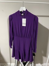 ZARA DRESS Purple Long Sleeve Button Back High Neck Size Small BNWT