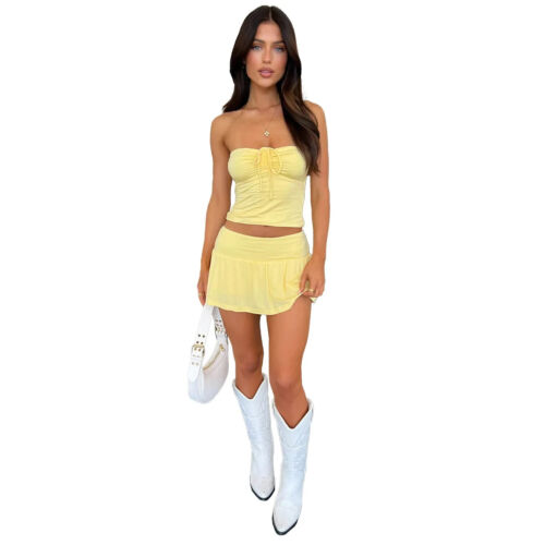 Latest fashion 2 piece yellow strapless mini skirt set outfit set uk size 12 - Foto 1 di 3
