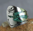 Southwest  Vintage  Silver Turquoise Inlay Bird & Cross Ring  signed JTS Size 9