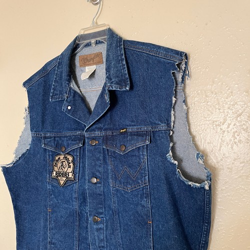 Wrangler Cutoff Jacket Mens 2XL Blue Denim Iron Indian Riders Patch Biker Vest - Picture 10 of 14