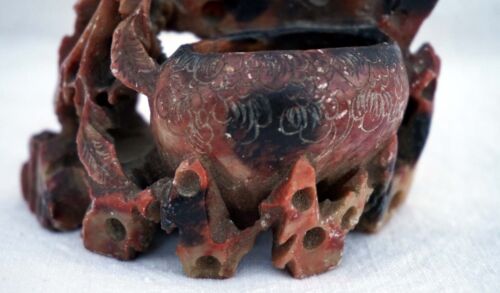 Chinese Hand Carved Soapstone Inkwell Fruit Foliage 19th C - Picture 4 of 6