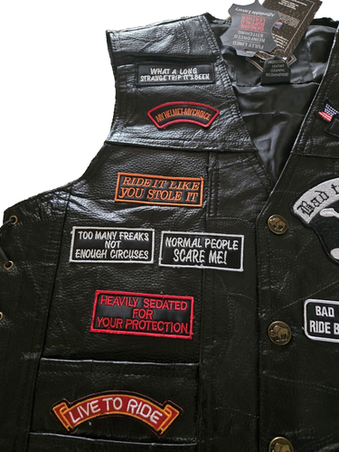 Diamond Plate Buffalo Leather Black Biker Vest Size L Embroidered Patches New - Picture 9 of 12