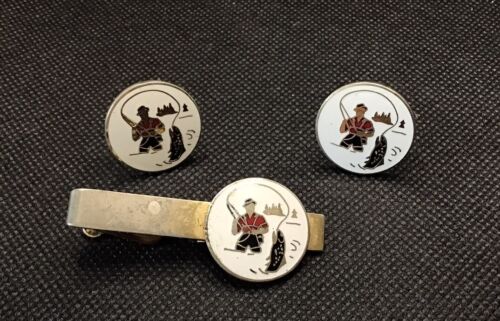 Vintage Cuff Links Tie Bar Set Trout Fly fishing SWANK Vintage Enamel - Picture 3 of 7