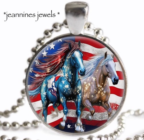 Horses Patriotic Necklace American Flag July 4th Gift Silver Charm Pendant - Picture 7 of 13