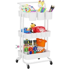 3tier Rolling Utility Cart With Hanging Cups & Hooks & Handle Plastic Art Cart O
