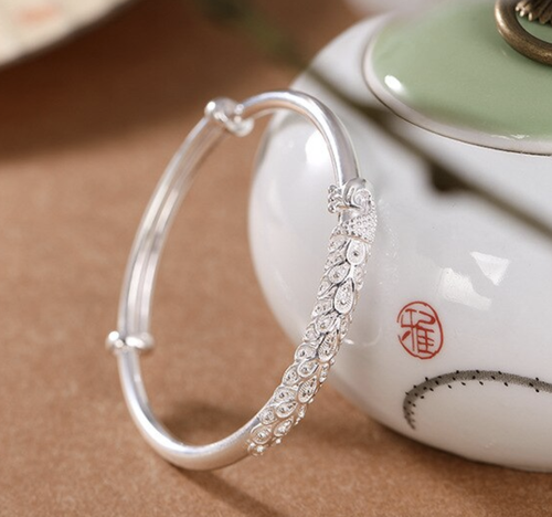Bracciale Bracciale Bracciale Pavone Push-pull Argento Sterling 925 *Plt Modello Pavone Donna - Foto 5 di 11