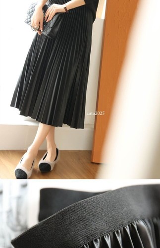 Womens Mid Long Real Leather Sheepskin Pleated Skirt Ladies Autumn Winter OL New - Picture 6 of 20