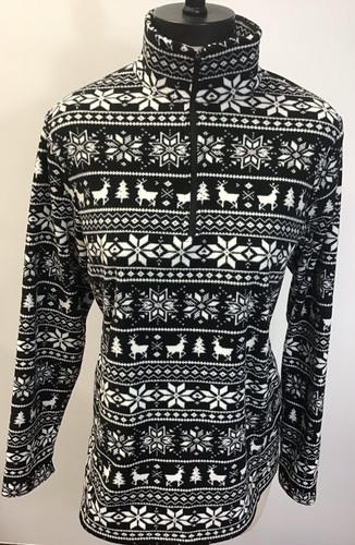 Lands' End Sweater Medium Black White Fleece Pullover Reindeer Snowflake Size MD - Picture 1 of 4