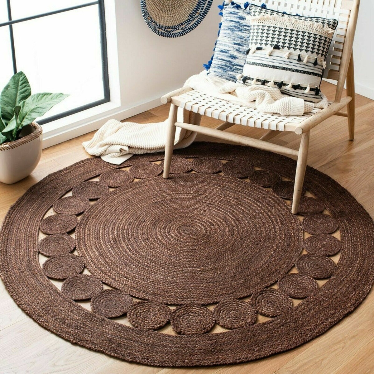 その他 jute rug 2525 circle Jute Brown Color Circle Design Round Rugs Braided Handmade