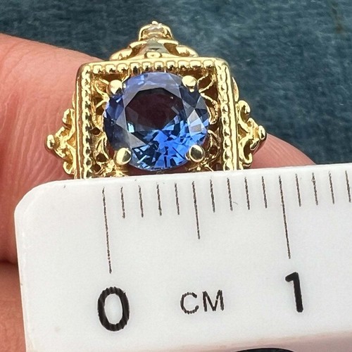 14k Yellow Gold Lab Cornflower Blue Sapphire Ring. Etruscan - Picture 11 of 12