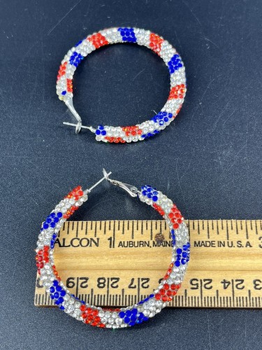 Red White And Blue Patriotic Rhinestone Hoop Earrings - Picture 7 of 8