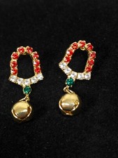Christmas Bell Red Green Rhinestone Charm Drop Pierced Earrings Gold Tone
