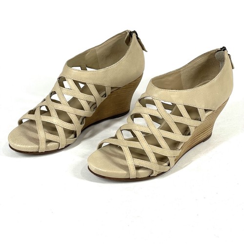 Eileen Fisher Sandals Womens 7 Beige Tan Caged Strappy Leather Wedge Bohemian - Picture 4 of 11