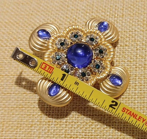 Splendida Spilla Palazzo Reale Croce Tono Oro Cabochon Blu Dichiarazione Fantasia - Foto 4 di 5