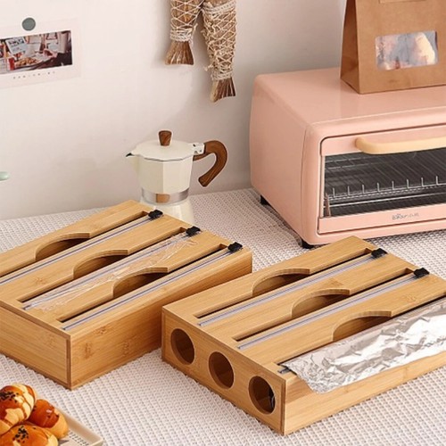 Dispensador de envoltura de cocina de 1 pieza con caja cortadora de papel de aluminio y película adhesiva, soporte para corte de bolsa