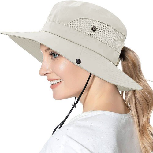 Women's Wide Brim Sun Hat with Ponytail Hole Neck Flap UV Protection Bucket Cap - Picture 20 of 26