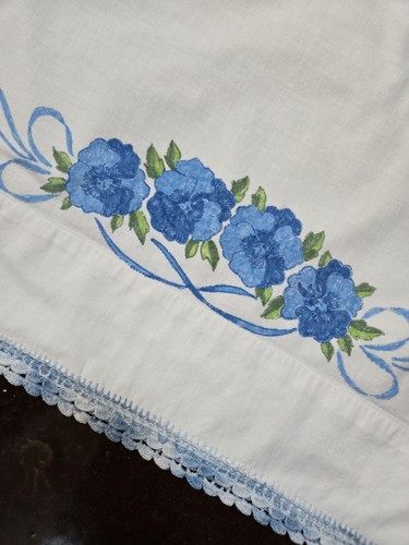 Vintage Single Pillowcase Blue Flowers Crochet Lace Edge **To Hand Embroider