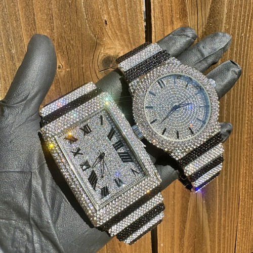 White Gold Plated Stainless Steel Men Simulated Diamond Full Iced Band Watch