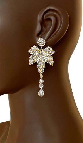2.7/8" Long Clear Rhinestones Linear Grape Leaf Elegant Earrings, Party, Bridal - Picture 2 of 3