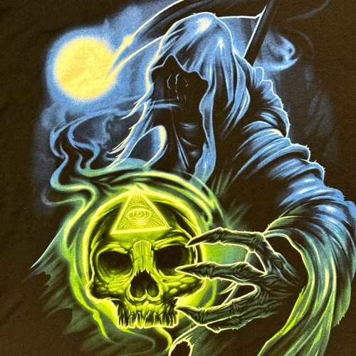 Y2K Skull Skeleton Grim Reaper Shirt XL Blue Green All Mighty - Foto 4 di 4