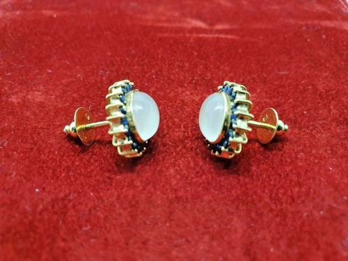 18ct Gold Earrings 2 Carat High Moonstone Cabochon & Sapphire Earrings - Picture 5 of 6